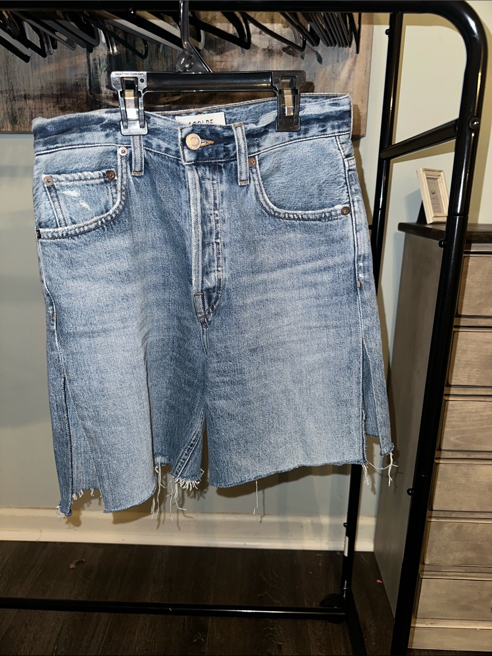Agolde Light Blue Distressed Denim Shorts